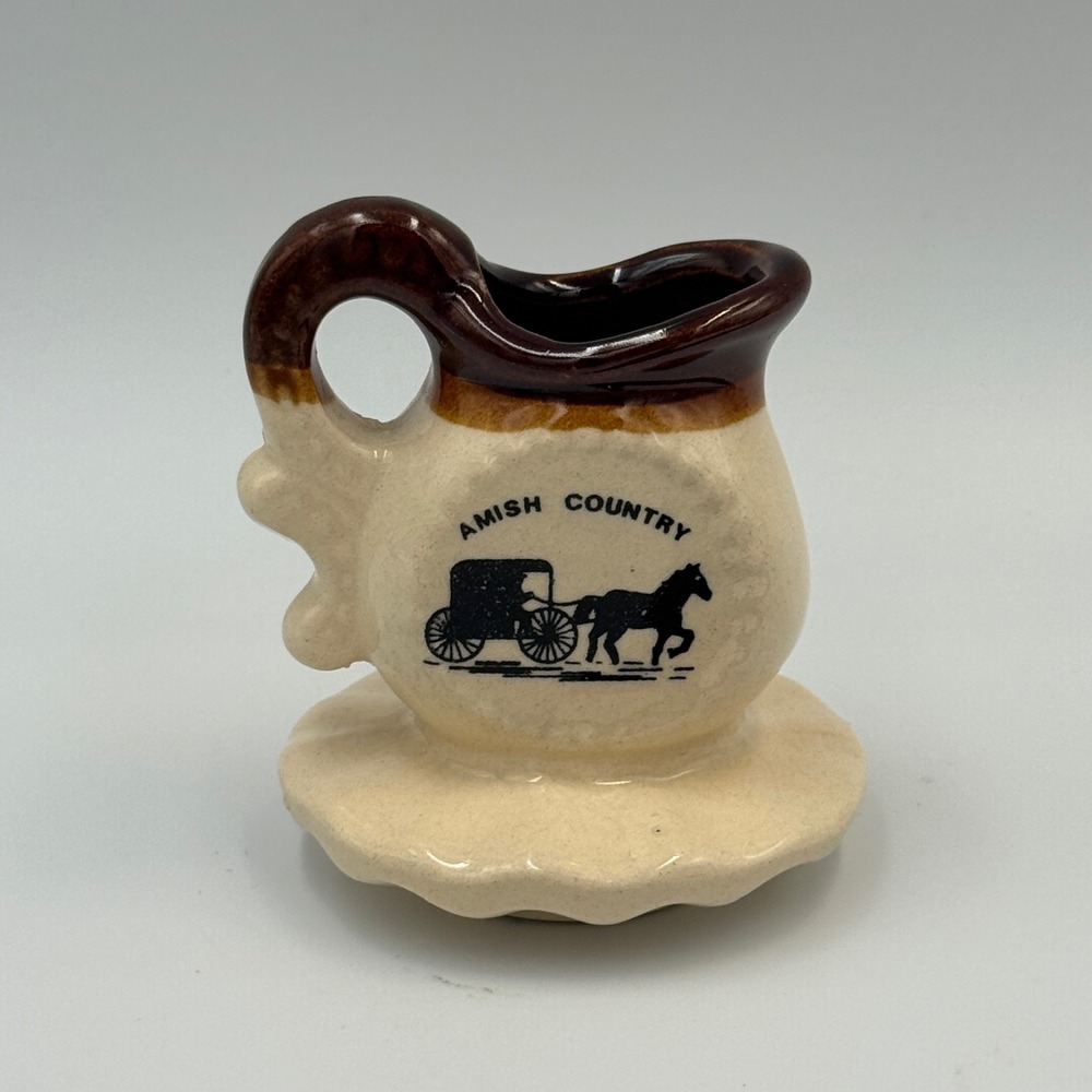 Vintage Amish Country Miniature Ceramic Pitcher Horse Buggy Souvenir Cream Brown